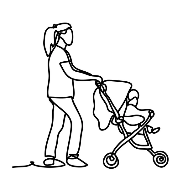 快乐的年轻母亲和婴儿在婴儿车 连续线图 在白色背景上被隔离 矢量单色 — 图库矢量图片