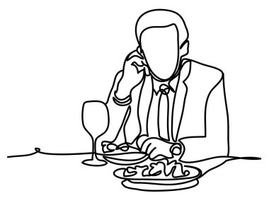 Öğle yemeği zamanı ve cep telefonuyla sırasında iş adamı. Beyaz arka plan üzerinde izole profesyonel vektör çizim. Sürekli çizgi çizme. Çizgilerle çizim vektör,