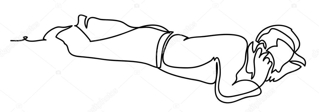 Guy is lying on bed in the morning. He is talking on the mobile phone. Professional vector illustration isolated on white background. Continuous line drawing. Vector, drawing by lines