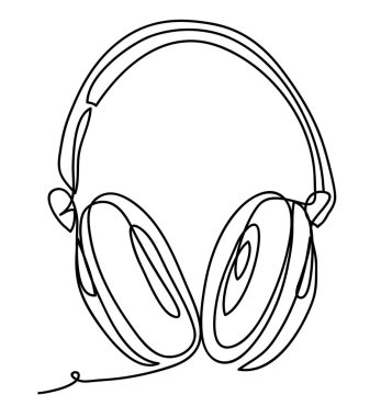 Kablosuz kulaklık ile müzik ve teknoloji sembolleri vektör illüstrasyon izole beyaz arka plan üzerinde. Sürekli çizgi çizme. Siyah-beyaz çizgilerle çizim
