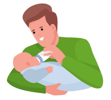 Yeni doğan bebek evde kanepede süt biberon ile mutlu genç baba. Çizgi film düz vektör çizim