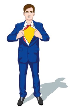 Süper kahraman takım şık arka plan Retro karikatür tasarlamak vektör simgesine forması altında mutlu gülümseyen işadamı döner. Renkli çizgi film karakterleri.