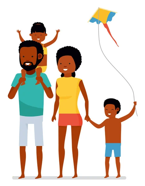 在热带海滩上快乐的家庭 主动旅行概念 动画片平面样式插图 非洲裔美国人 — 图库照片