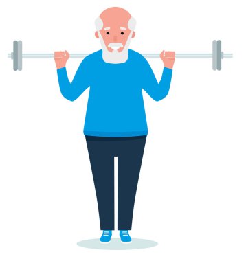 Yaşlı adam beyaz arka plan üzerinde izole bir halter kaldırma. Sağlıklı bir yaşam tarzı. Düz çizgi film illüstrasyon vektör kümesi. Aktif spor kavramı