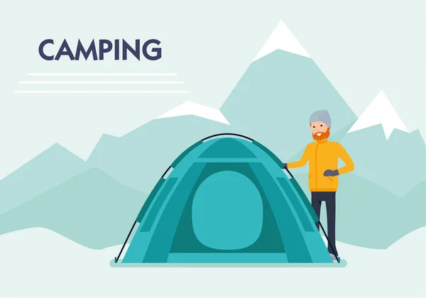 Camp Στα Βουνά Πανό Επίπεδη Καρτούν Εικονογράφηση Διάνυσμα Σύνολο Ενεργό — Διανυσματικό Αρχείο