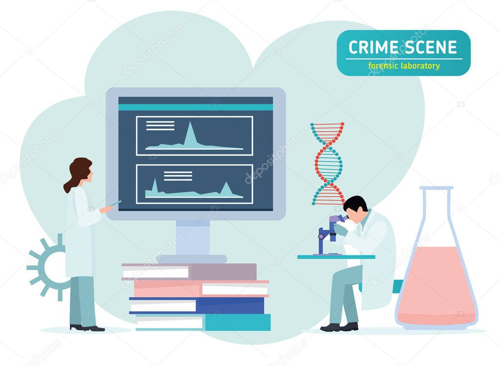 Criminologist laboratory assistant looking through a microscope in a laboratory. forensic laboratory. Crime scene investigation. Forensic examination concept. Flat vector illustration.