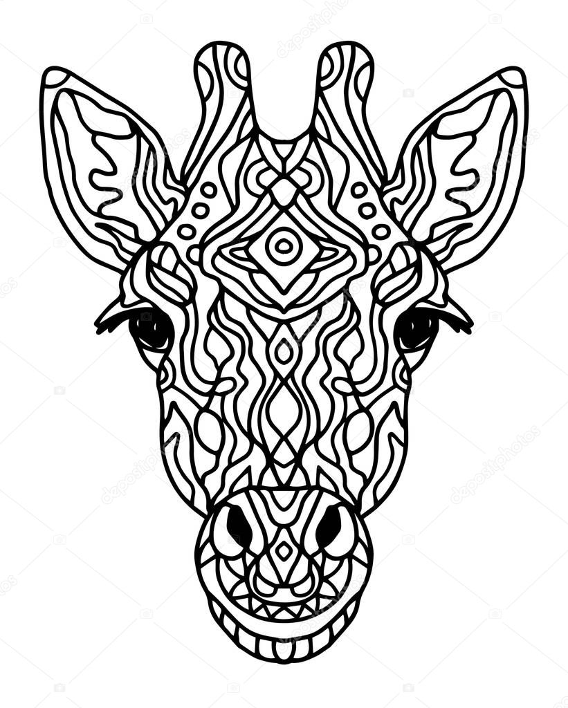 Zentangle stylized doodle vector giraffe head. Zen art style. Zoo animal ethnic tribal african print suits as tattoo, logo template, decoration, coloring book sketch, adult anti-stress coloring page.