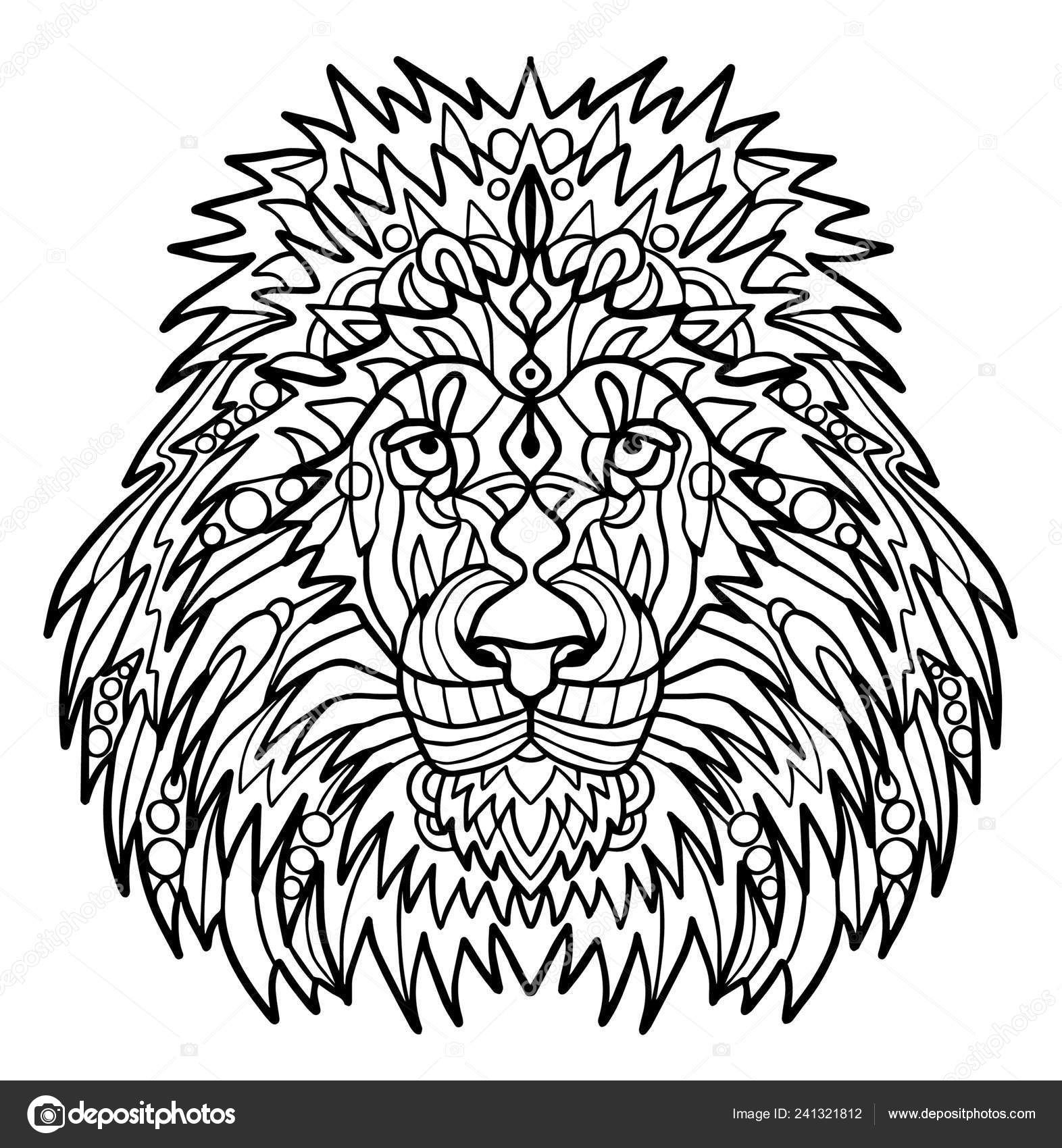 Tête Lion Avec Une Grosse Crinière Coloriage Méditative