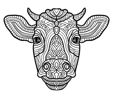 Yetişkin renklendirme sayfa inek. Zen sanat tarzı. Hayvanat Bahçesi hayvan etnik kabile Afrika Yazdır uygun dövme, logo şablonu, kitap kroki boyama dekorasyon