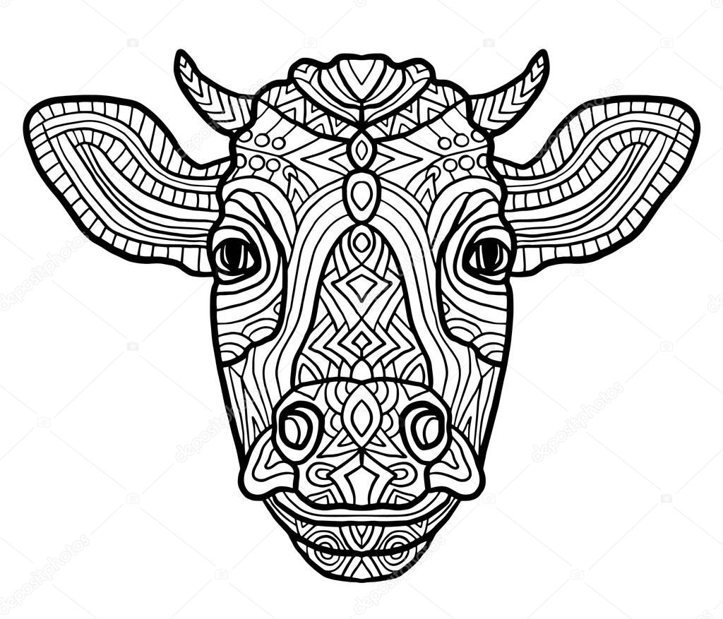 Adult coloring page cow. Zen art style. Zoo animal ethnic tribal african print suits as tattoo, logo template, decoration, coloring book sketch
