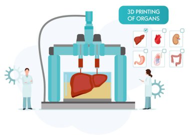 Bioprinting kavramı, karaciğer, mide, akciğerler, böbrekler ve kalp 3d baskı. 3d printerlere harcama maddeler ile bilim adamları. Düz stil renkli vektör çizim.