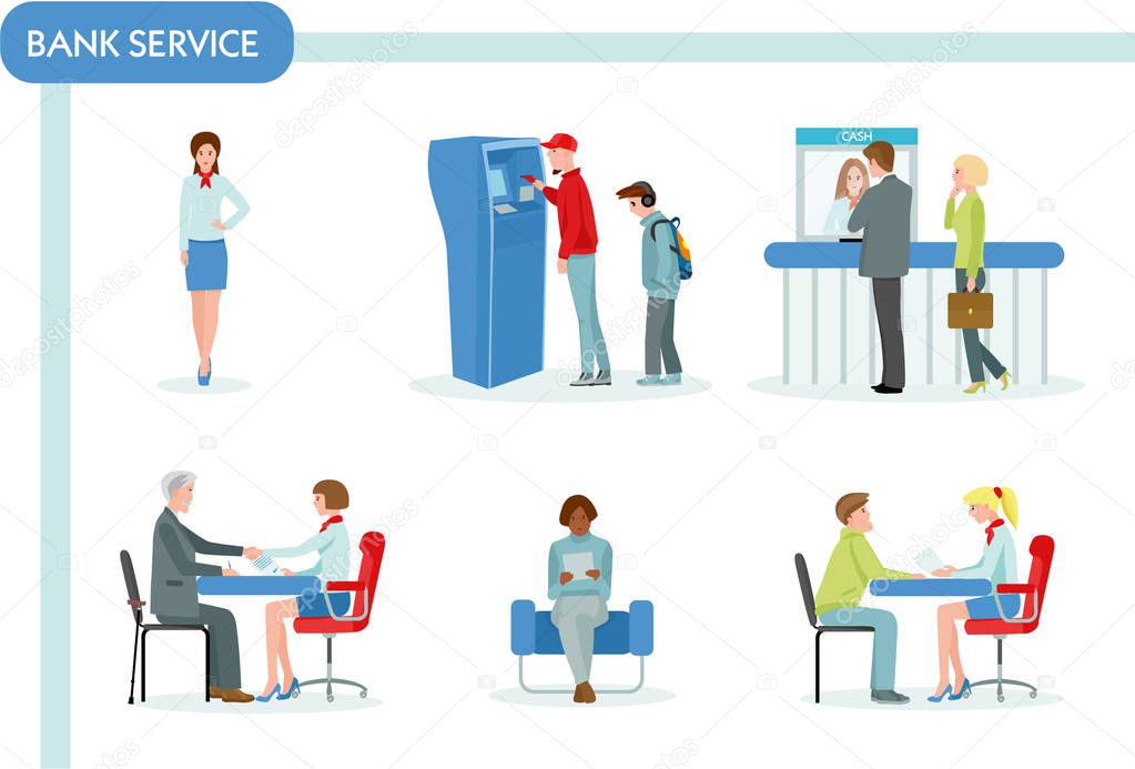 Bank staff and clients in bank office interior. Finance management concept flat design. Business and queue, workplace and discuss, atm and working manager, vector flat cartoon illustration