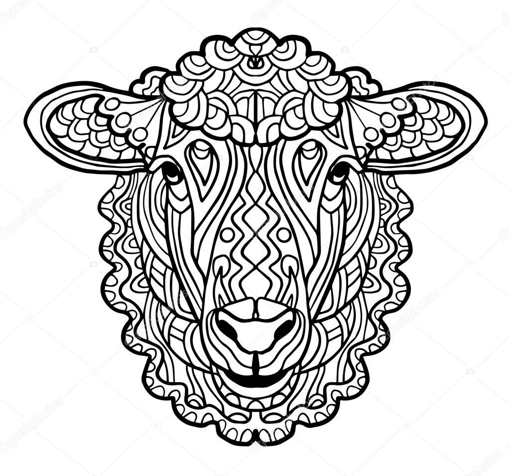 Zentangle style. Coloring book for adult, antistress coloring pages. Hand drawn vector isolated illustration on white background. Henna mehendi, sketch. Sheep