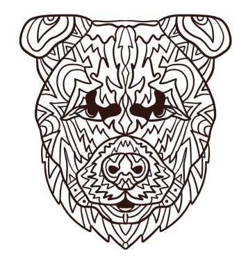 Kızgın köpek yavrusu köpek boyama kitabı sayfası. Siyah beyaz ve renkli örnekleri. Serbest kroki için yetişkin antistress doodle ve zentangle öğeleri ile boyama çizim.