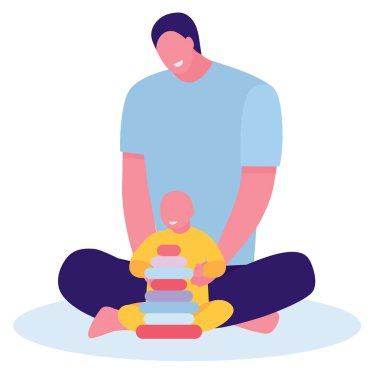 Katta evde oynarken baba ve yürümeye başlayan çocuk evlat. Genç tecrübesiz baba kavramı. Düz çizgi film illüstrasyon