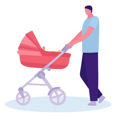 Bir bebek arabası ve bir bebek şehir sokaklarında yürüyüş baba. Genç tecrübesiz baba kavramı. Düz çizgi film illüstrasyon