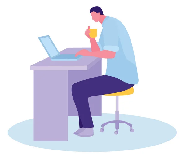 Espacio de coworking. el tipo se sienta a la mesa y trabaja con un lapt — Archivo Imágenes Vectoriales