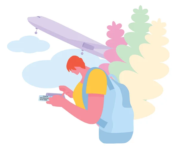 Gyönyörű fiatal turista lány hátizsák. Repülőtér fogalma. Lapos rajzfilm illusztráció — Stock Vector