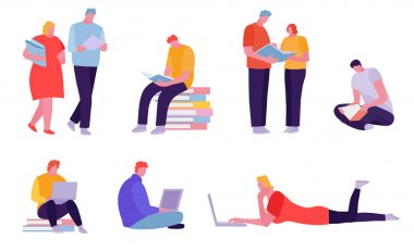 Gadget 'lar ve Kitaplar ile öğrencilerin vektör kümesi. Beyaz arka plan. Düz karikatür tarzında vektör Illustration