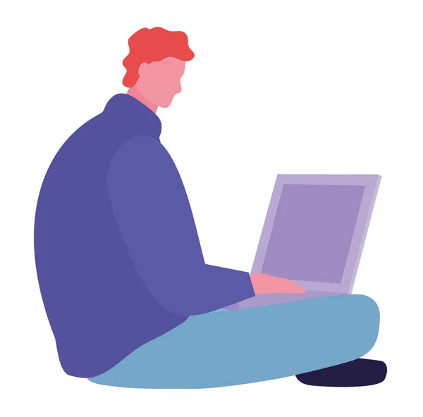 Portret van Happy Young Man zitten tijdens het gebruik van laptop computer op witte achtergrond. Vector illustratie in een platte cartoon stijl — Stockvector