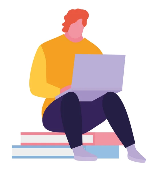 Joyeux jeune étudiant assis sur des livres et utilisant un ordinateur portable. Illustration vectorielle dans un style de dessin animé plat — Image vectorielle