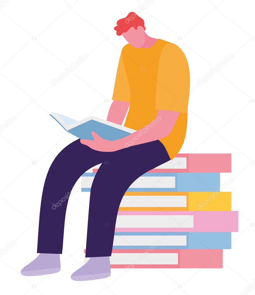 Young student sitting on top of book stack on white. Vector illustration in a flat cartoon style