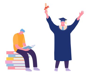 Erkek mezunu mutlu öğrenci beyaz arka plan üzerinde izole. Düz çizgi film tarzında vektör illüstrasyon