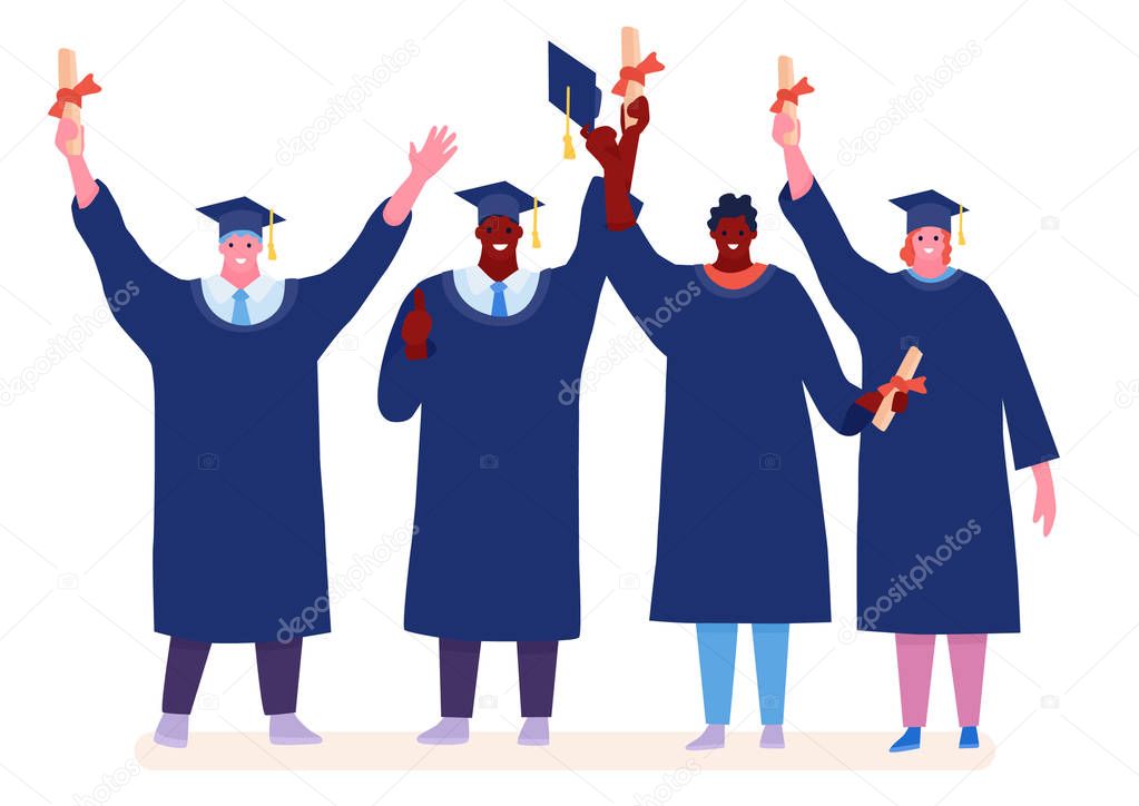 Graduating happy Students isolated on white background. Vector i
