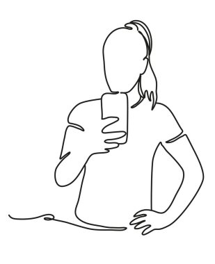 Spor kadın akıllı telefon kamerası ile kendi kendine resim çekmek. Sürekli çizgi çizimi. İzole beyaz arka plan. Vektör tek renkli, çizgilere göre çizim
