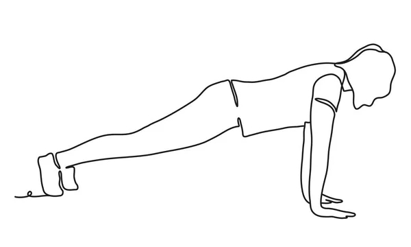 Жінка робить Аштанга Віньяса йога-розширена чотири-limbed позу. Безперервний лінійний креслення. Ізольований на білому фоні. Векторні монохромні, креслення за рядками — стоковий вектор