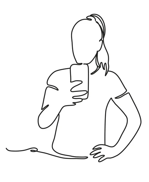Mujer del deporte tomando auto foto con la cámara del teléfono inteligente. Dibujo continuo de línea. Fondo blanco aislado. Vector monocromo, dibujo por líneas — Vector de stock