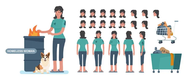 Sem-abrigo. Mulher desempregada triste em roupas sujas. Construtor de personagens para criação de animação cet. Vista frontal, lateral e traseira. desenho animado estilo vetor ilustração isolado no fundo branco . —  Vetores de Stock