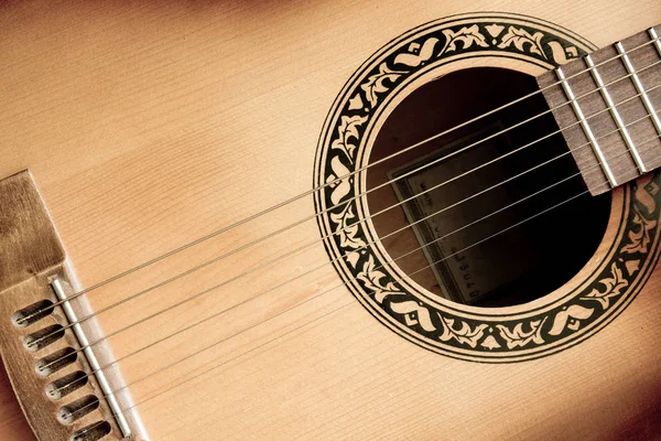 Fragmento Una Guitarra Acústica Primer Plano —  Fotos de Stock