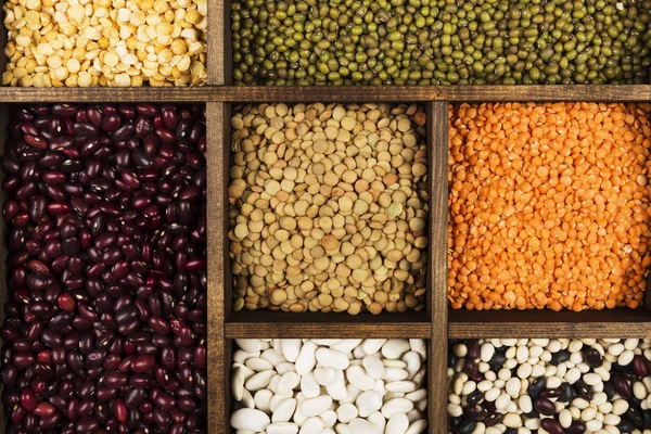Assortment of beans (red lentil, green lentil, chickpea, peas, red beans, white beans, mix beans, mung bean). Top view. Food background