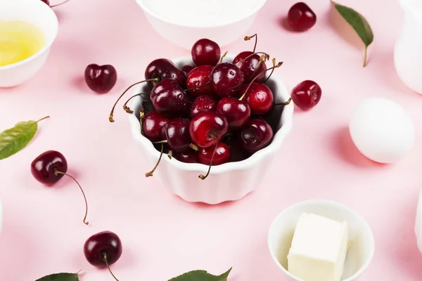 Ingrédients Pour Tarte Aux Cerises Lait Beurre Œufs Farine Cerise — Photo