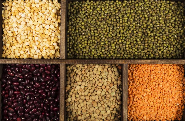 Assortment of beans (red lentil, green lentil, chickpea, peas, red beans, white beans, mix beans, mung bean). Top view. Food background