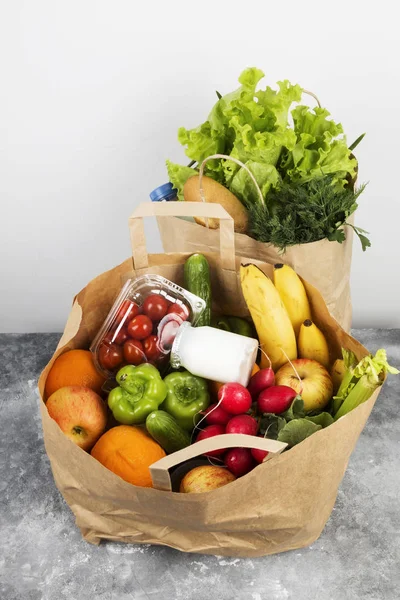 Various Healthy Food Paper Bag Gray Background — Stock Photo, Image