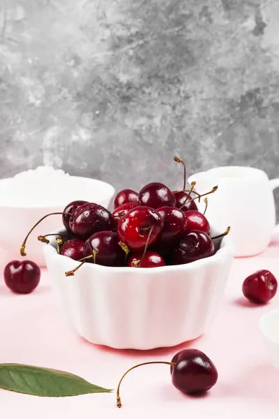 Ingredients Cherry Pie Pink Background — Stock Photo, Image
