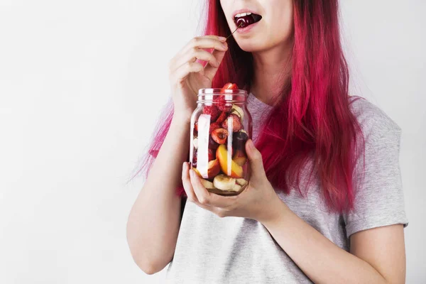 Young Woman Pink Hair Holding Glass Jar Various Fruits Berries — Stock Photo, Image