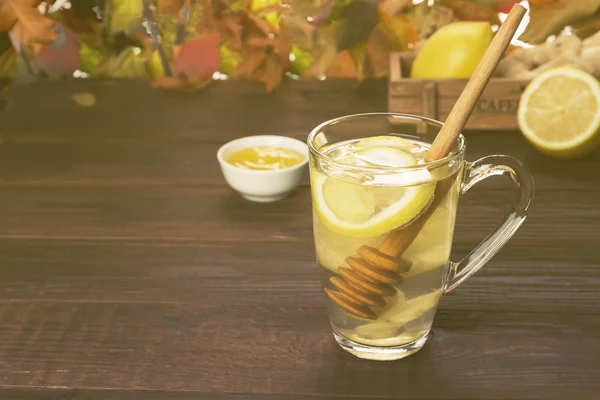 Bebida de aquecimento de chá quente de outono com gengibre, mel e limão em gla — Fotografia de Stock