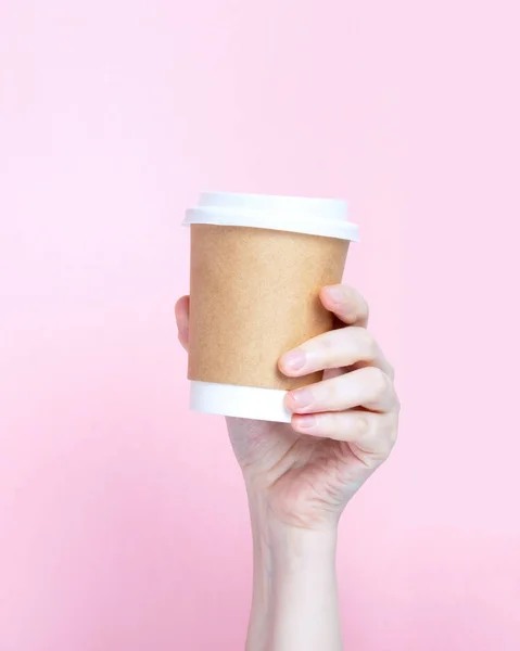Woman Hand Holds Paper Cup Coffee Pink Background — Stock Photo, Image