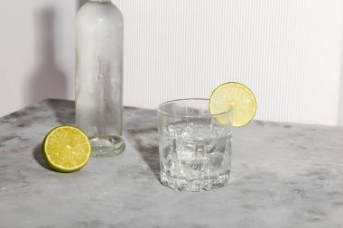 Buzlu votka ve bardakta limon ve beyaz arka planda bir şişe votka. Gölgeler ve güneş ışığı modası