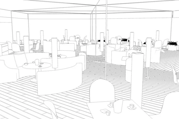 カントリーハウス コテージ 輪郭ビジュアライゼーション 3Dイラスト スケッチ アウトラインの外観 — ストック写真