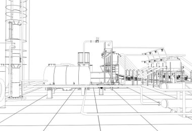 Petrol rafinerisi, kimyasal üretim, atık işleme tesisi, dış hatları görselleştirme, 3 boyutlu illüstrasyon, çizim, taslak