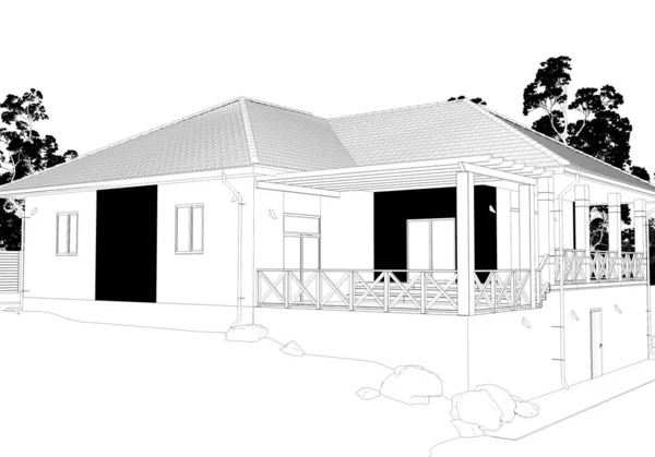 Eksterior Dari Sebuah Country House Cottage Visualisasi Kontur Ilustrasi Sketsa — Stok Foto