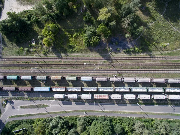 Trein Treinen Met Wagons Uitzicht Vanaf Boven — Stockfoto