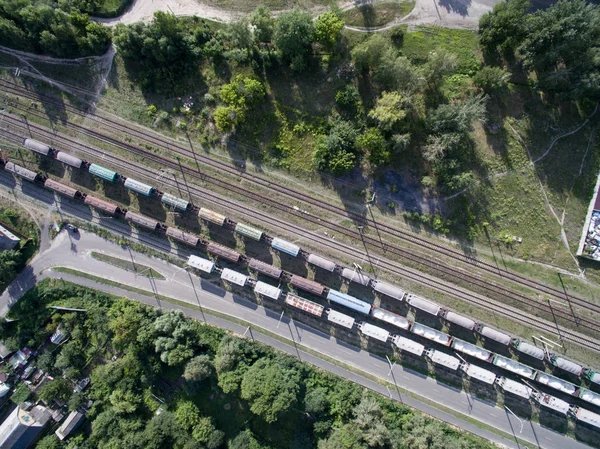 Ferrocarril Trenes Con Vagones Vista Desde Arriba —  Fotos de Stock