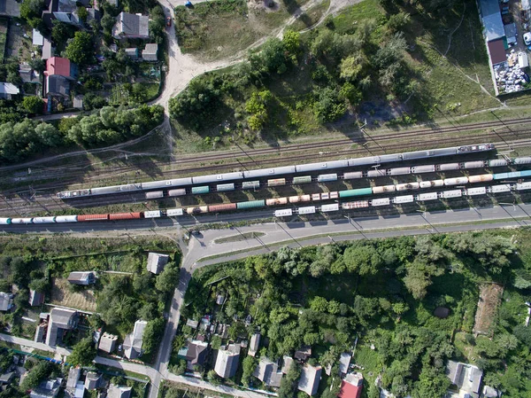 Trein Treinen Met Wagons Uitzicht Vanaf Boven — Stockfoto