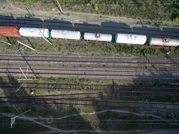 Järnväg Tåg Med Vagnar Utsikt Från Ovan — Stockfoto