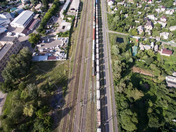 Trein Treinen Met Wagons Uitzicht Vanaf Boven — Stockfoto